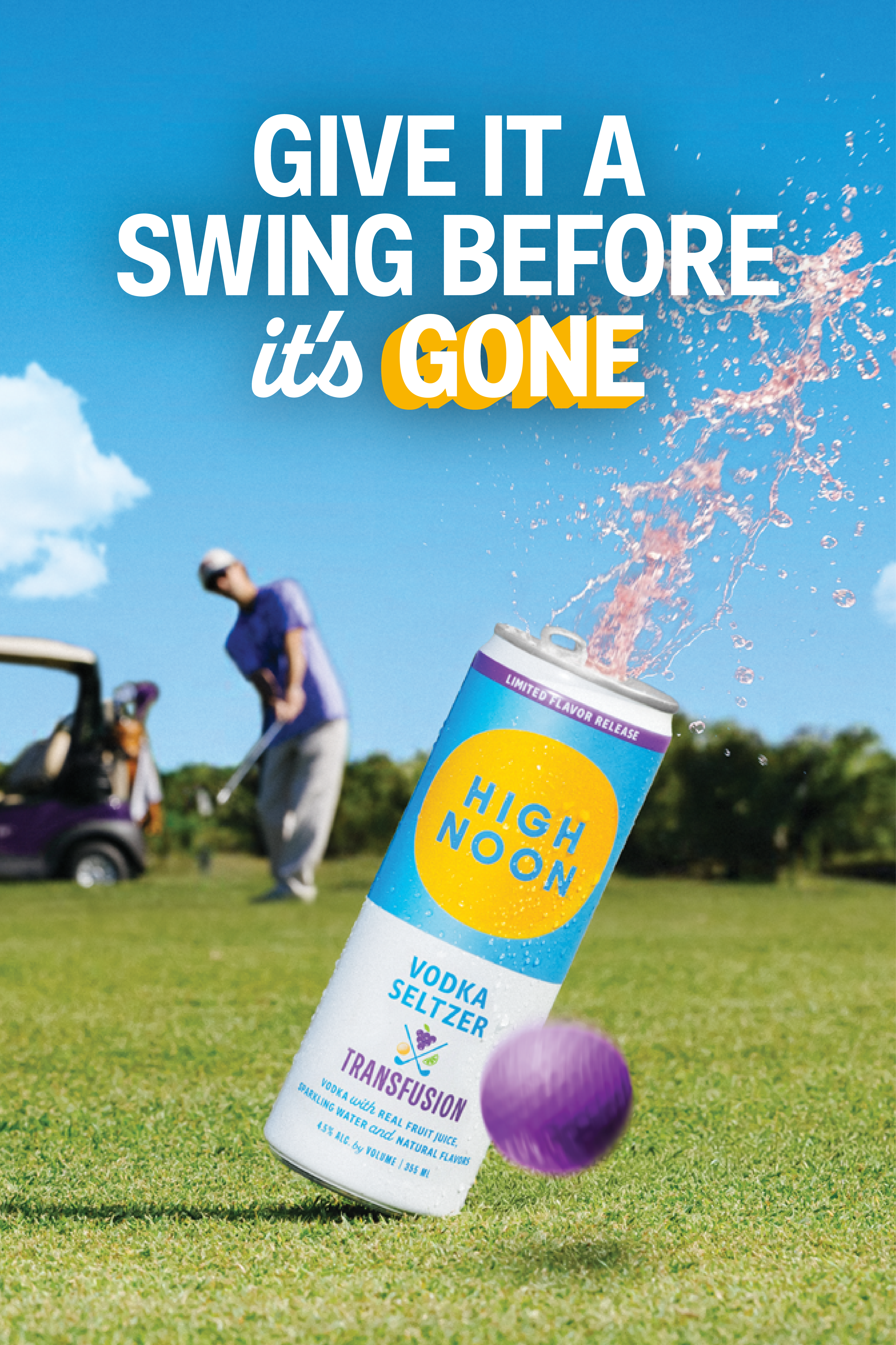 High Noon Transfusion vodka seltzer can splashing open on a golf course with a golfer and cart in the background under a bright blue sky